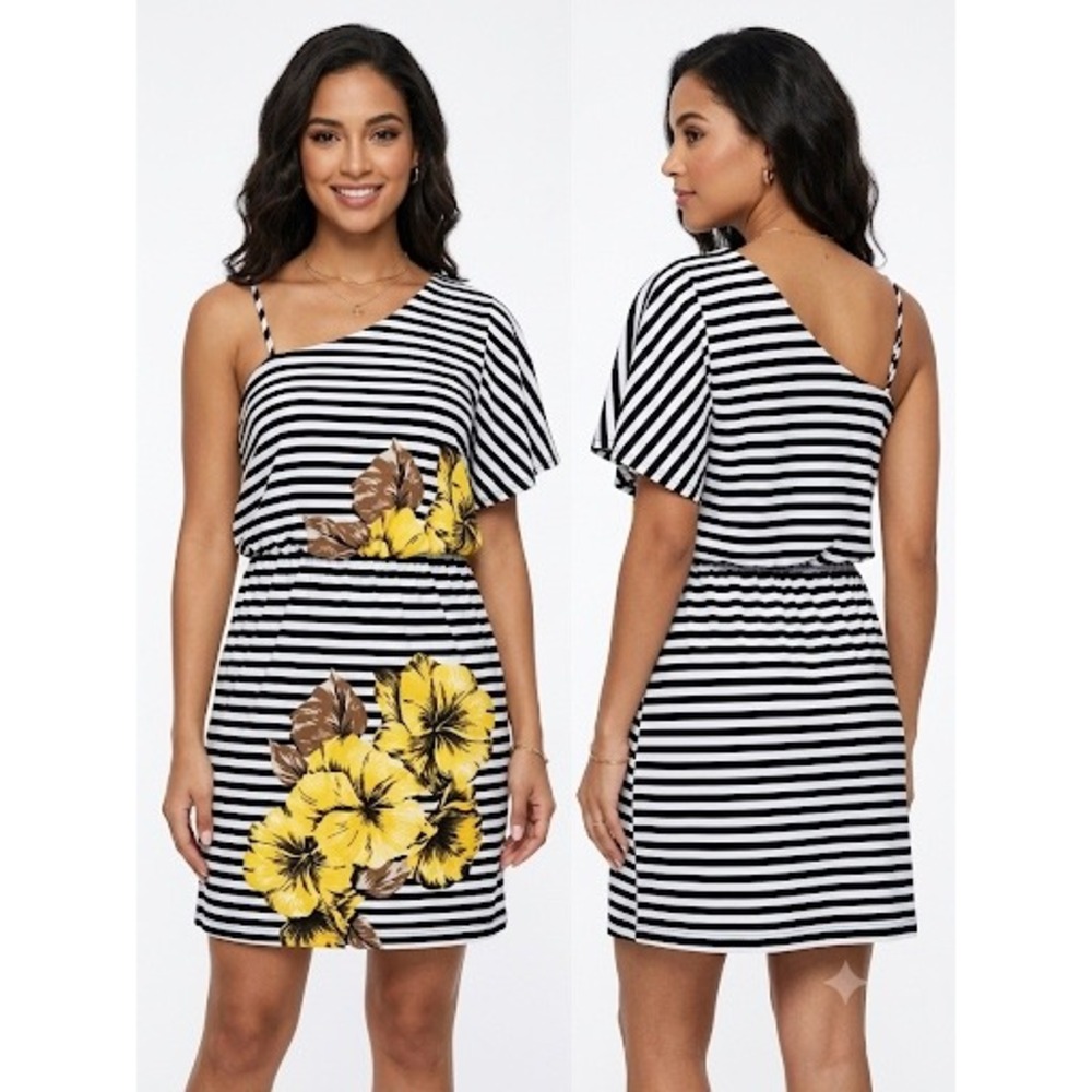 Sweet Storm Womens One Shoulder Striped Floral Mini Dress Black White Yellow‎ L